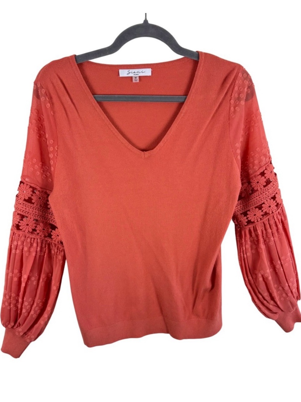Sioni Milano Womens Coral Orange V-Neck Sweater Crochet Balloon Sleeve Size M